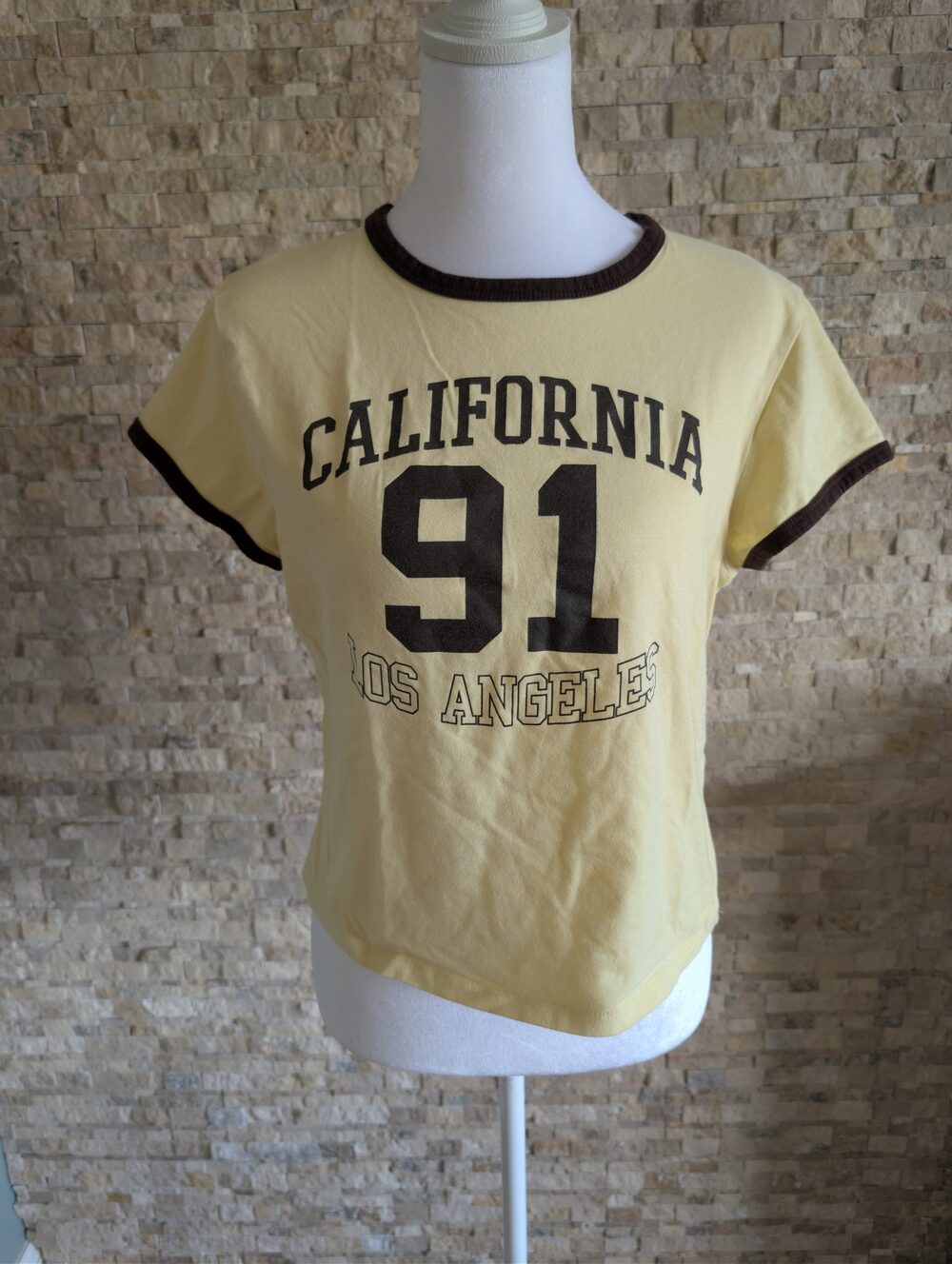 Starlet Yellow & Brown Retro California 91 Graphic Baby Tee Stretch Sz L 90s Y2k